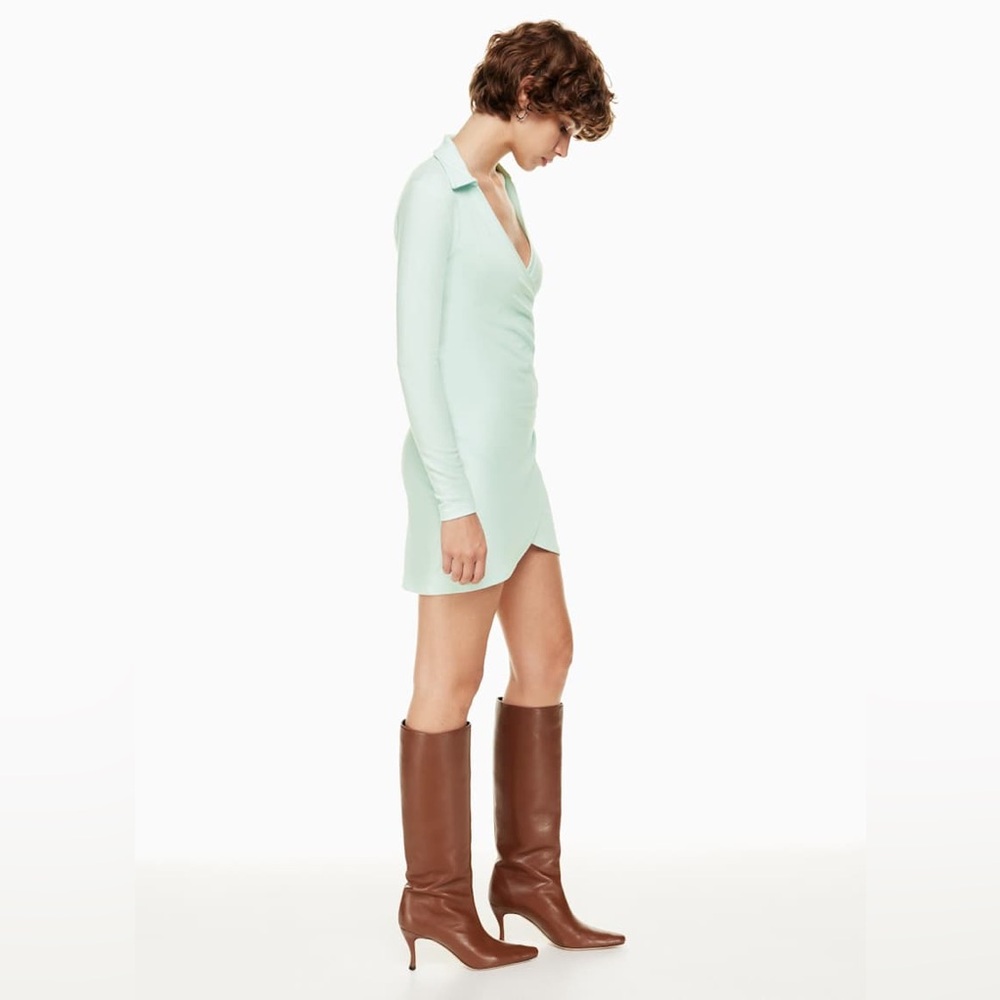 Aritzia Wilfred Snowmelt Blue Seven V Neck Collared Ruched Wrap Mini Dress (XS) - Picture 4 of 8